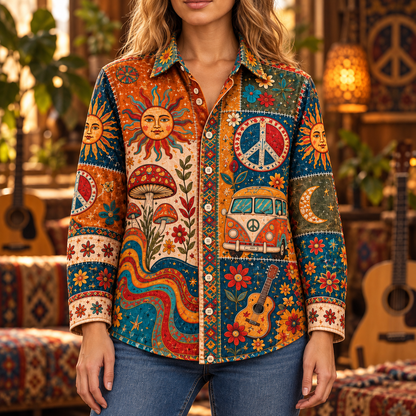 Hippie Patchwork Shirt – Colorful Boho Flower Power Shirt Version 2