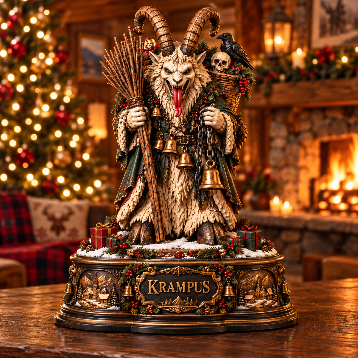 Krampus Christmas Wooden Block Sign – Dark Gothic Holiday Decor, Mythical Horned Demon with Bells and Festive Wreath, Spooky Christmas Collectible Statue, Unique Horror Christmas Gift for Krampus Lovers