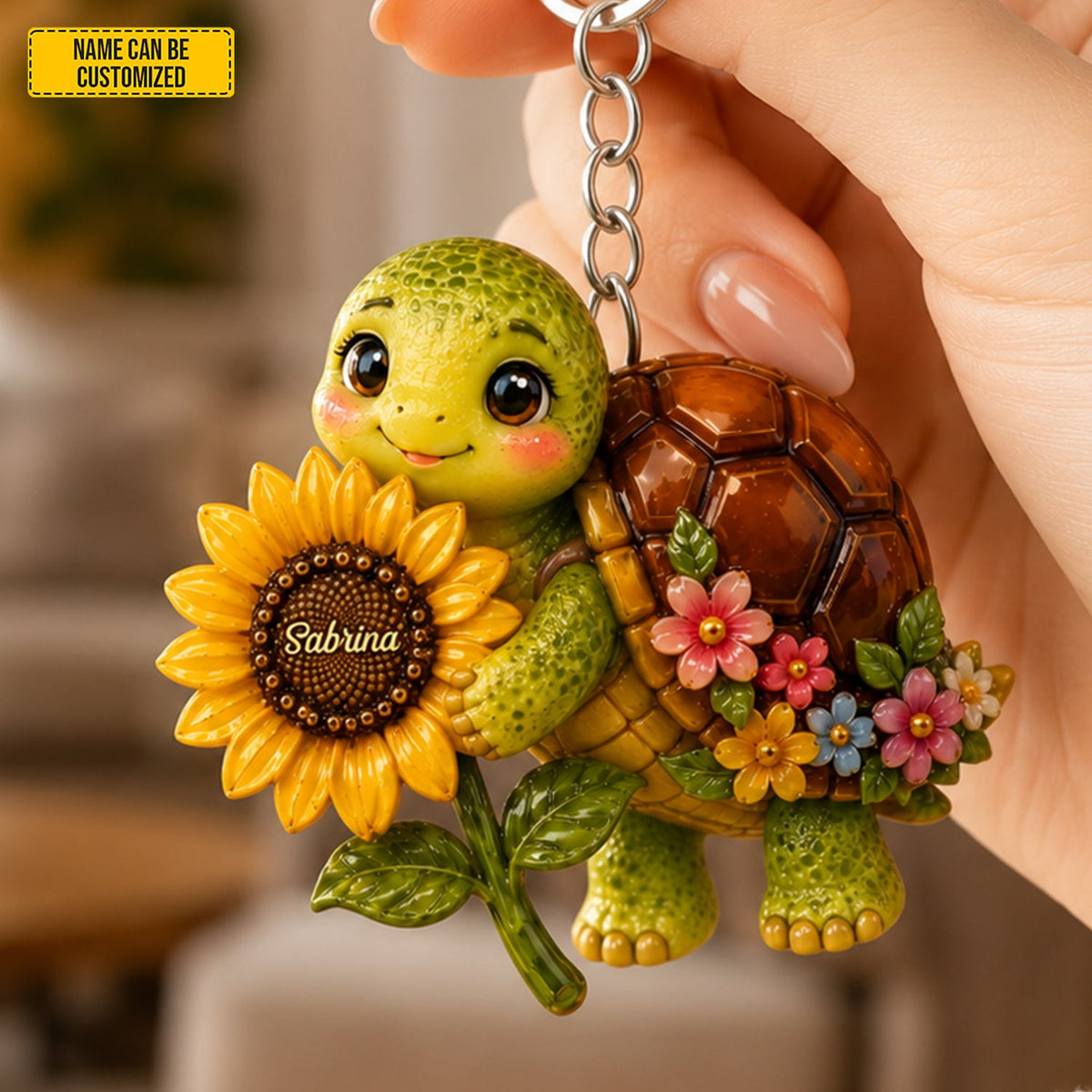 Sunflower Turtle Charm - Personalized Turtle Keychain