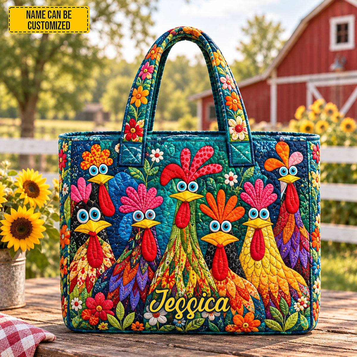 Personalized Funny Chicken Quilted Tote Bag