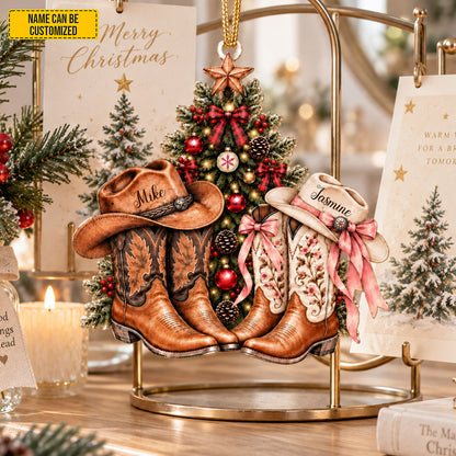 Personalized Cowboy Couple Christmas Ornament, Custom Names Cowboy and Cowgirl Boots Acrylic Keepsake, Western Couple, Country Love Gift