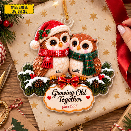 Personalized Couple Owls Christmas Ornament, Custom Name & Year Growing Old Together Acrylic Hanging Decor