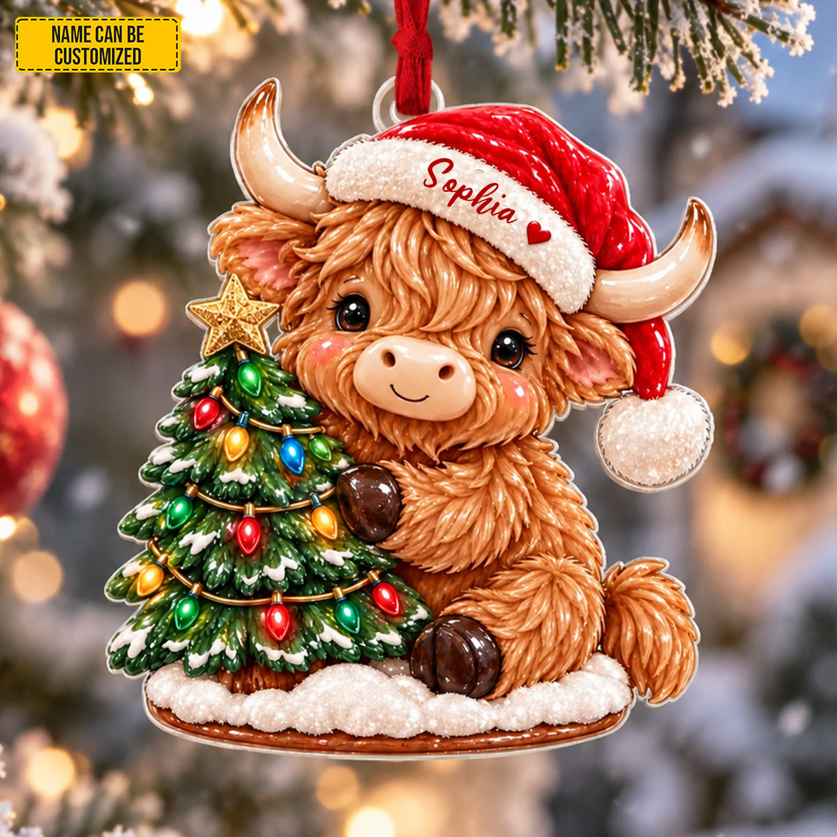 Highland Cow Christmas Ornament, Santa Hat Cow Ornament, Cute Cow Holiday Ornament