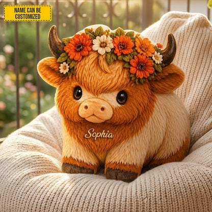 Floral Highland Cow - Personalized Cozy Highland Cow Shaped Pillow