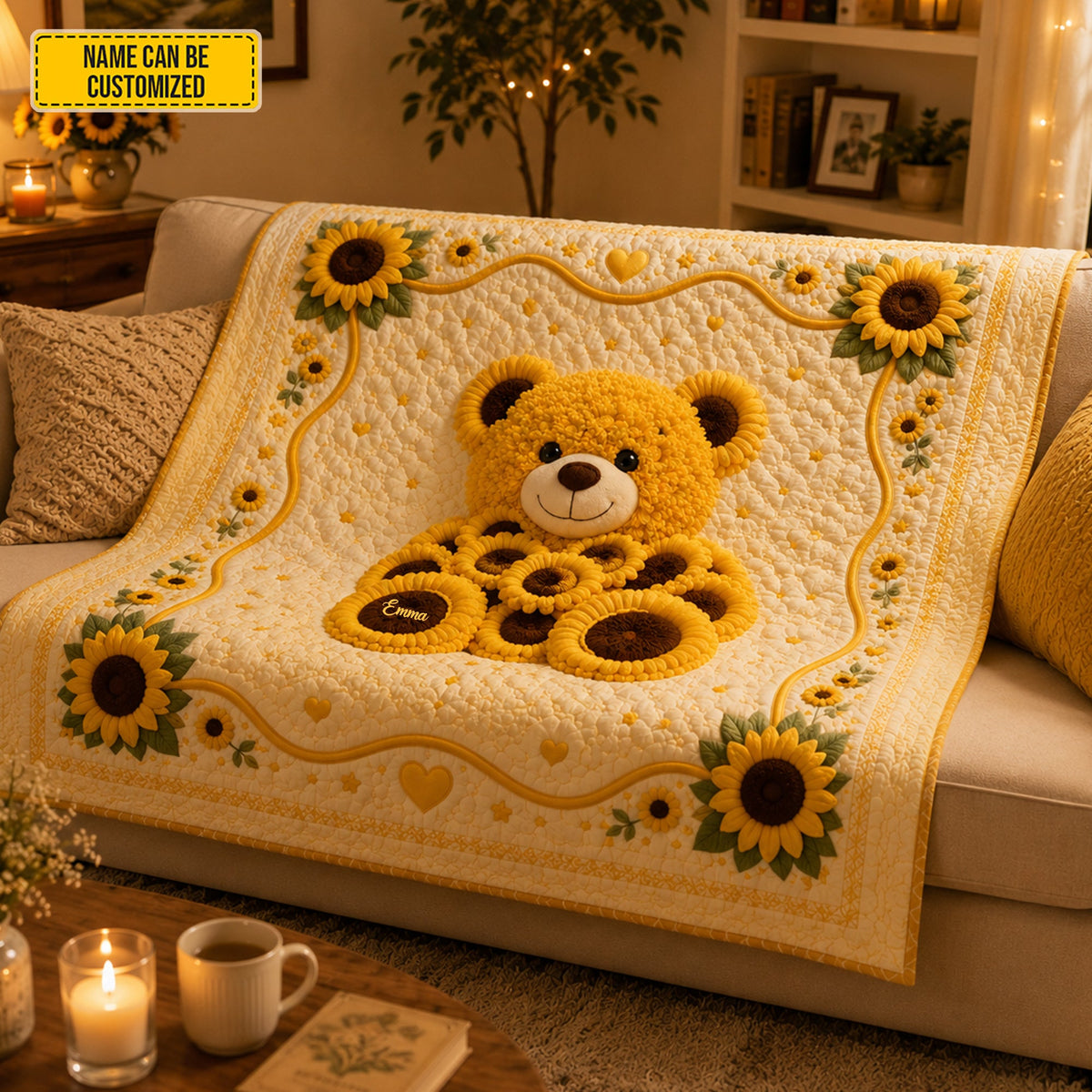 Personalized Cute Sunflower Bear Blanket