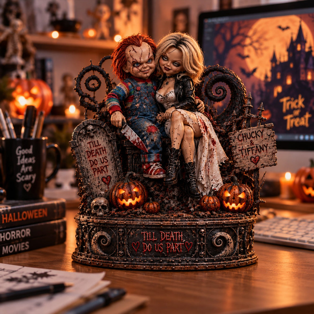 Chucky & Tiffany Till Death Do Us Part Horror Love Collectible Figurine Wooden Block - Collectible Table Decor