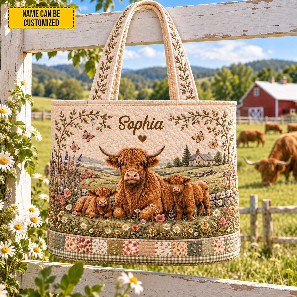 Personalized Highland Cow Quilted Tote Bag, Custom Name Farmhouse Beach Bag, Countryside Lover Gift