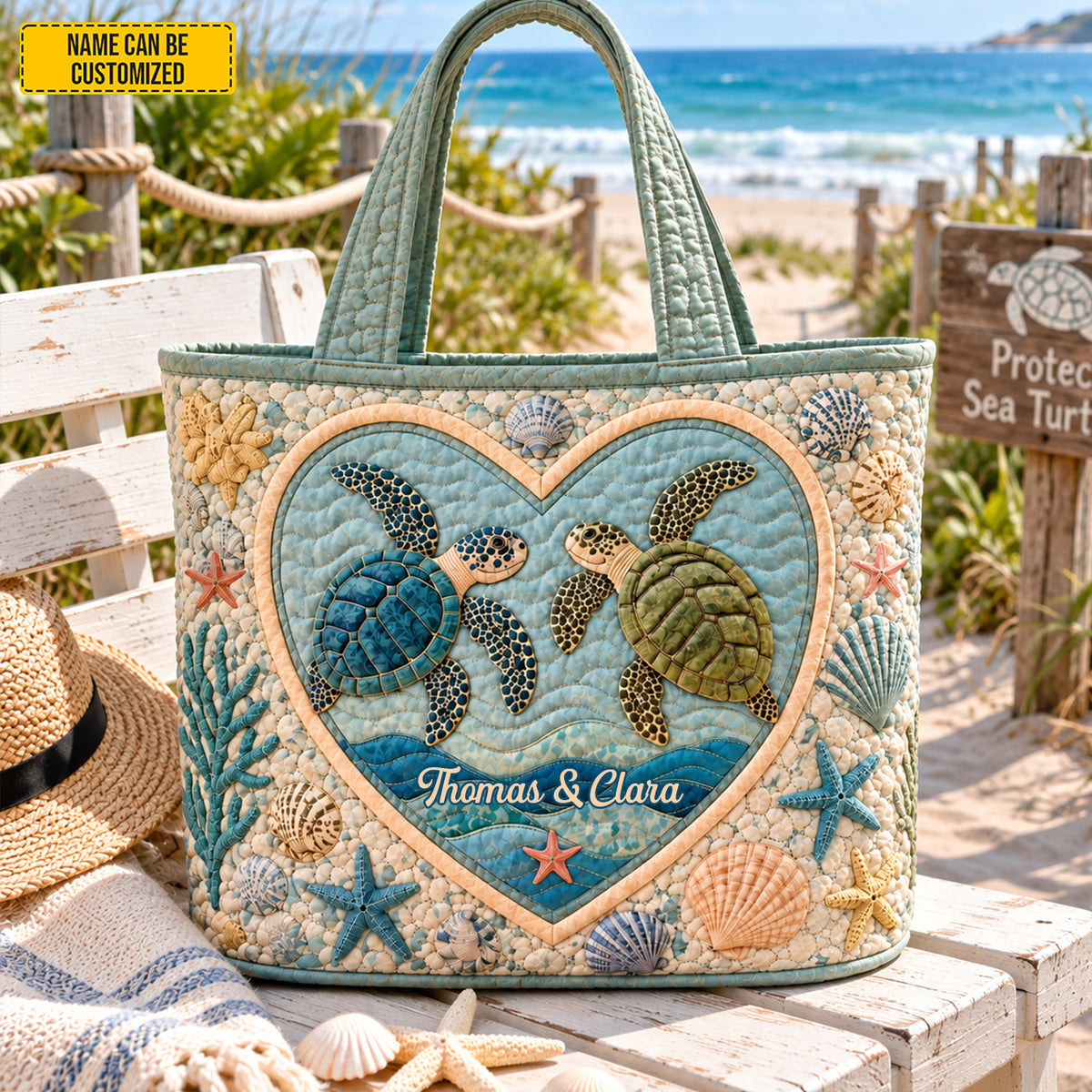 Personalized Sea Turtle Quilted Tote Bag, Custom Couple Names Beach Bag