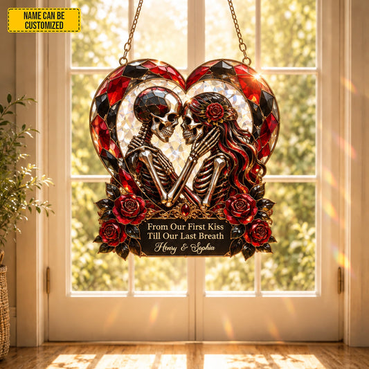 Personalized Skeleton Couple Suncatcher – Gothic Romantic Window Decor
