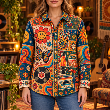 Hippie Patchwork Shirt – Colorful Boho Flower Power Shirt Version 3