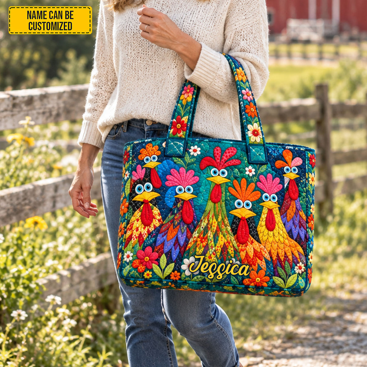 Personalized Funny Chicken Quilted Tote Bag