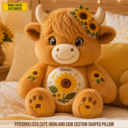 Personalized Highland Cow With Daisy Pillow
