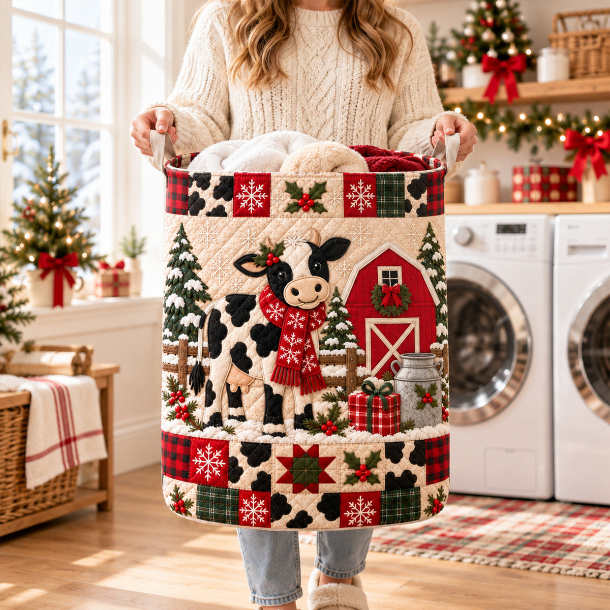 Christmas Farmhouse Cow Laundry Hamper
