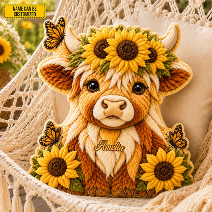 Personalized Cozy Highland Cow With Sunflower Shaped Pillow
