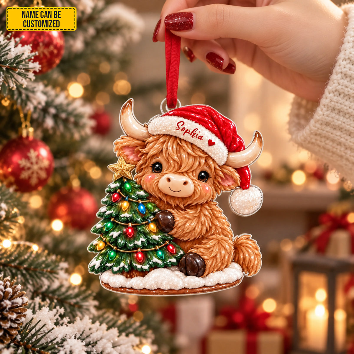 Highland Cow Christmas Ornament, Santa Hat Cow Ornament, Cute Cow Holiday Ornament