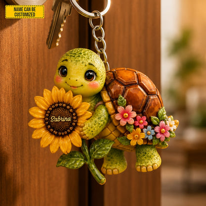 Sunflower Turtle Charm - Personalized Turtle Keychain