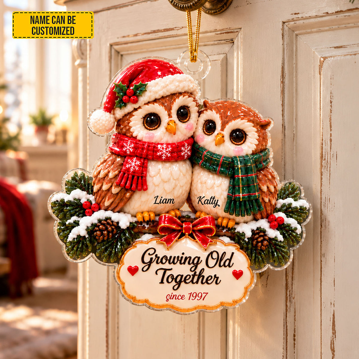 Personalized Couple Owls Christmas Ornament, Custom Name & Year Growing Old Together Acrylic Hanging Decor