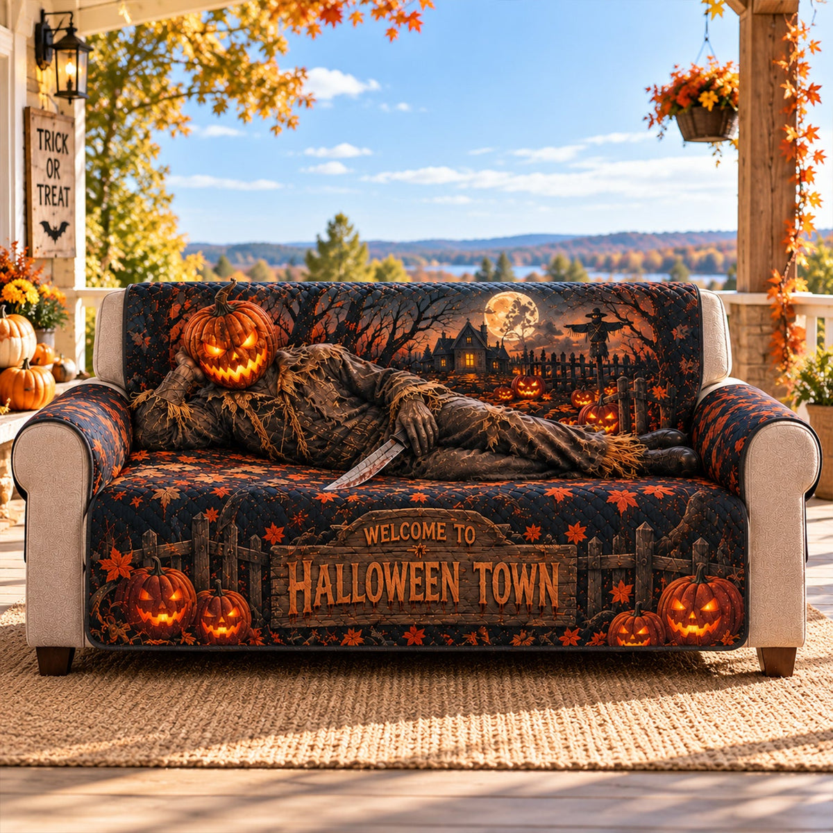 Halloween Town Pumpkin Horror Sofa Cover – Halloween Horror Quilted Home Decor