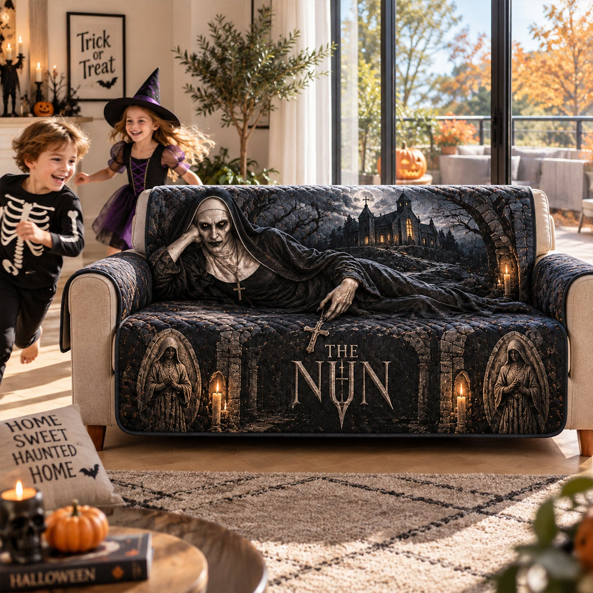 The Nun Valak Horror Sofa Cover – Halloween Horror Quilted Home Decor