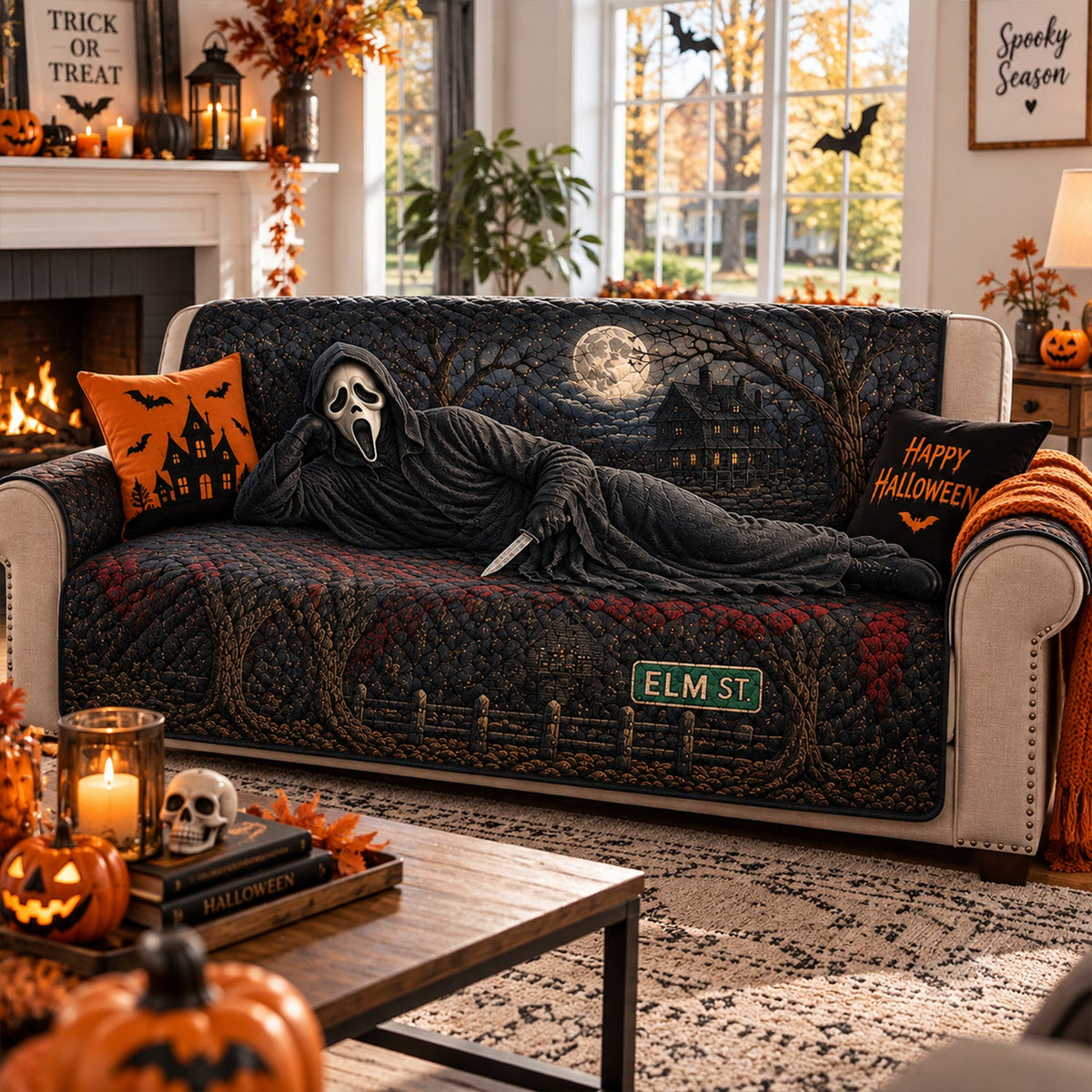 Ghostface Horror Sofa Cover – Halloween Horror Quilted Home Decor