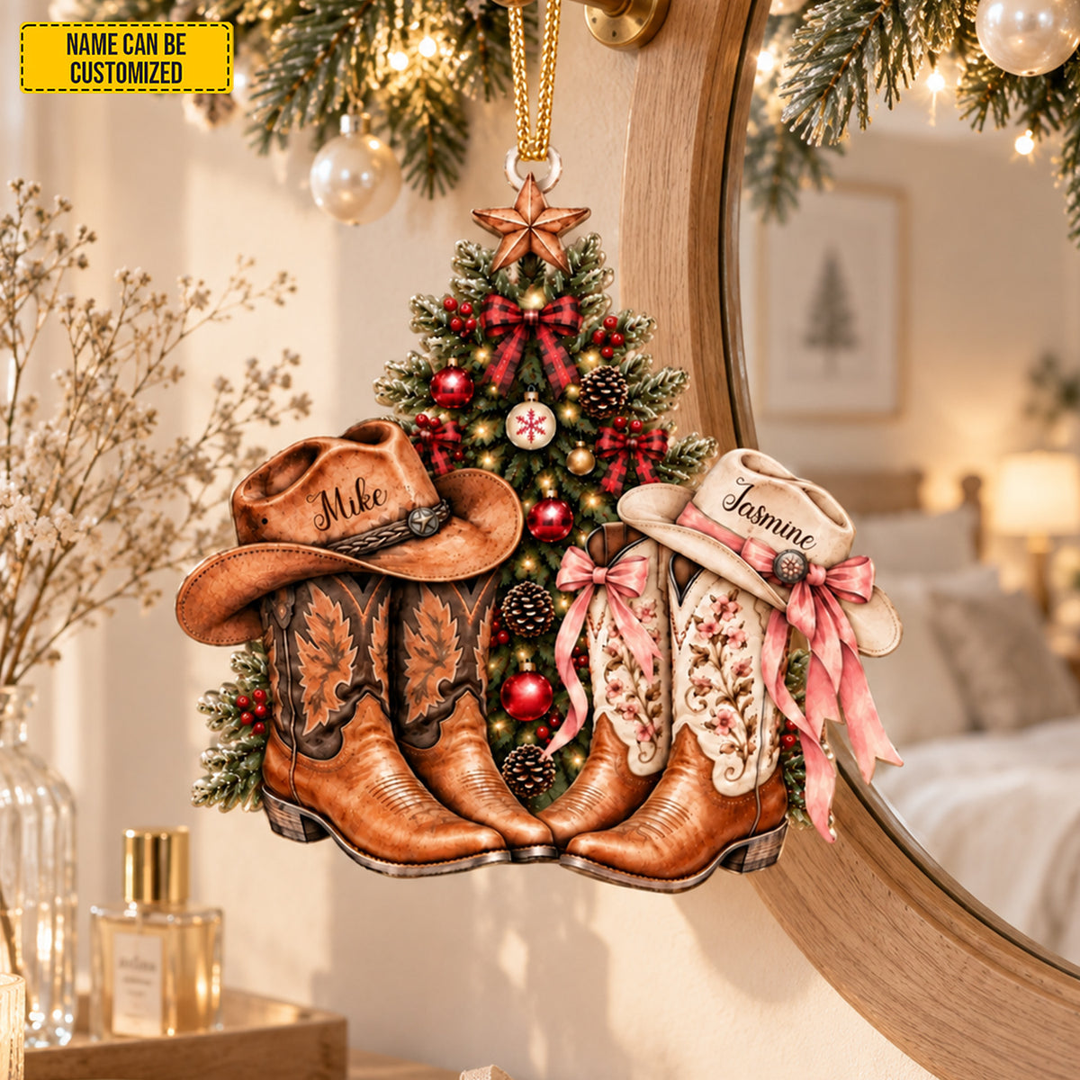 Personalized Cowboy Couple Christmas Ornament, Custom Names Cowboy and Cowgirl Boots Acrylic Keepsake, Western Couple, Country Love Gift