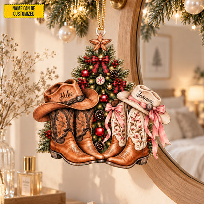 Personalized Cowboy Couple Christmas Ornament, Custom Names Cowboy and Cowgirl Boots Acrylic Keepsake, Western Couple, Country Love Gift