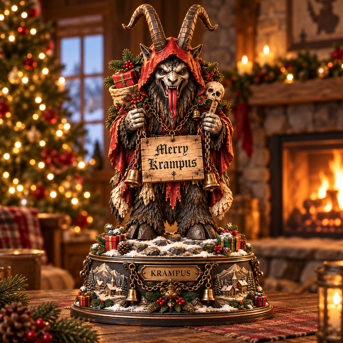 Krampus Christmas Wooden Block Sign – Dark Gothic Holiday Decor, Mythical Horned Demon with Bells and Festive Wreath, Spooky Christmas Collectible Statue, Unique Horror Christmas Gift for Krampus Lovers