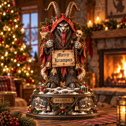 Krampus Christmas Wooden Block Sign – Dark Gothic Holiday Decor, Mythical Horned Demon with Bells and Festive Wreath, Spooky Christmas Collectible Statue, Unique Horror Christmas Gift for Krampus Lovers
