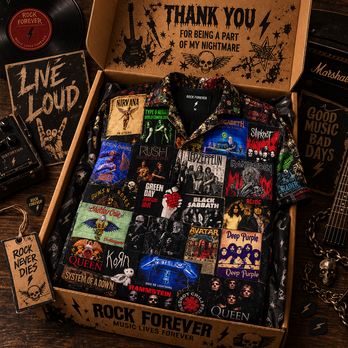 Rock & Metal Legends Album Collage Hawaiian Shirt – Classic Rock Bands Vintage Music Shirt, Heavy Metal Fan Gift