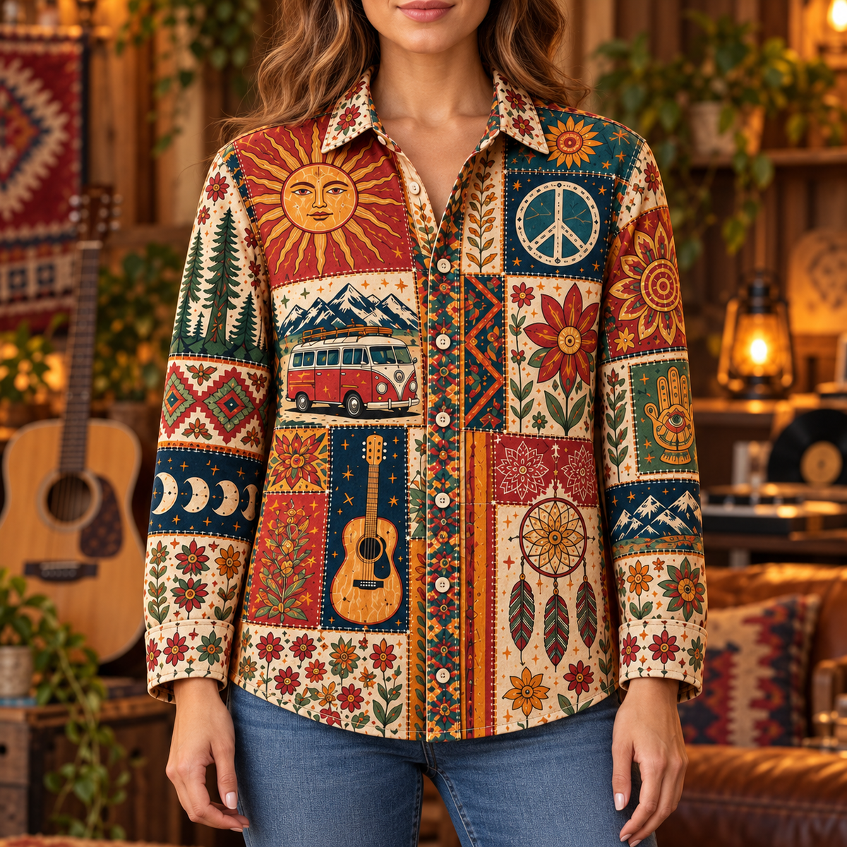 Hippie Patchwork Shirt – Colorful Boho Flower Power Shirt Version 4