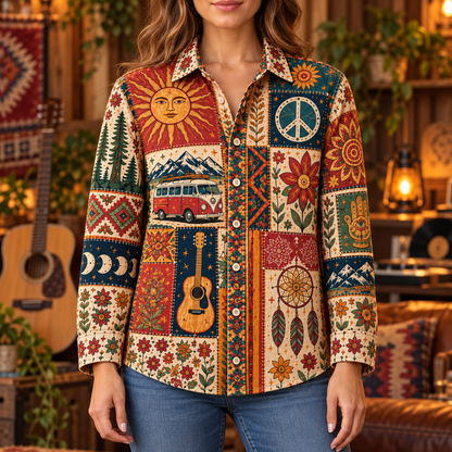 Hippie Patchwork Shirt – Colorful Boho Flower Power Shirt Version 4