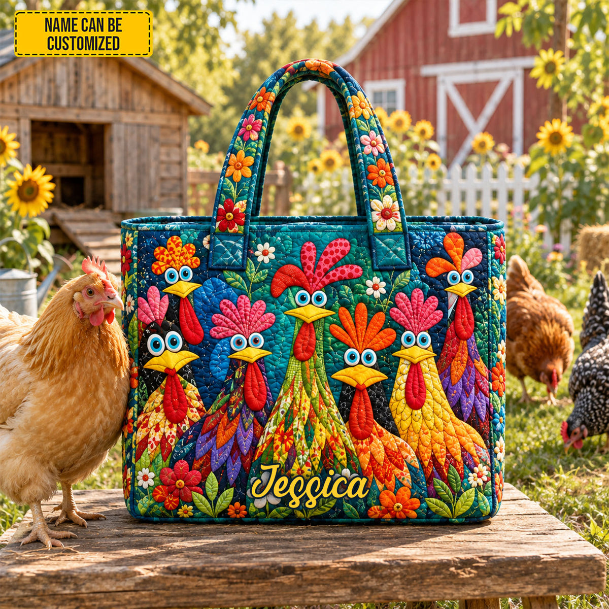 Personalized Funny Chicken Quilted Tote Bag