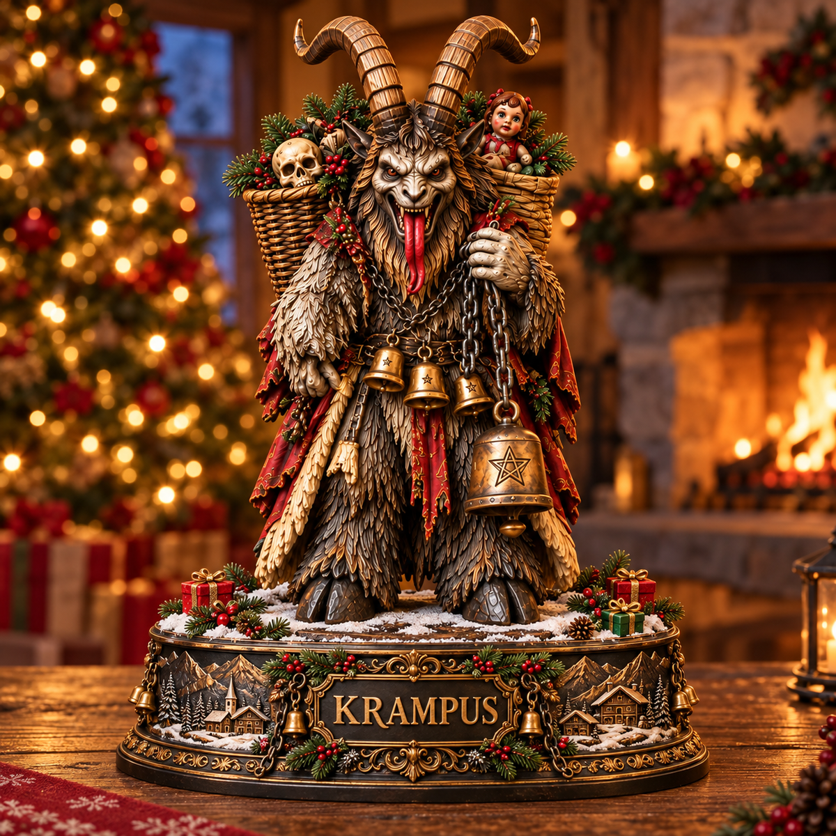 Krampus Christmas Wooden Block Sign – Dark Gothic Holiday Decor, Mythical Horned Demon with Bells and Festive Wreath, Spooky Christmas Collectible Statue, Unique Horror Christmas Gift for Krampus Lovers
