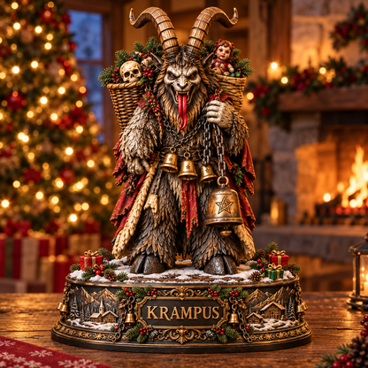 Krampus Christmas Wooden Block Sign – Dark Gothic Holiday Decor, Mythical Horned Demon with Bells and Festive Wreath, Spooky Christmas Collectible Statue, Unique Horror Christmas Gift for Krampus Lovers