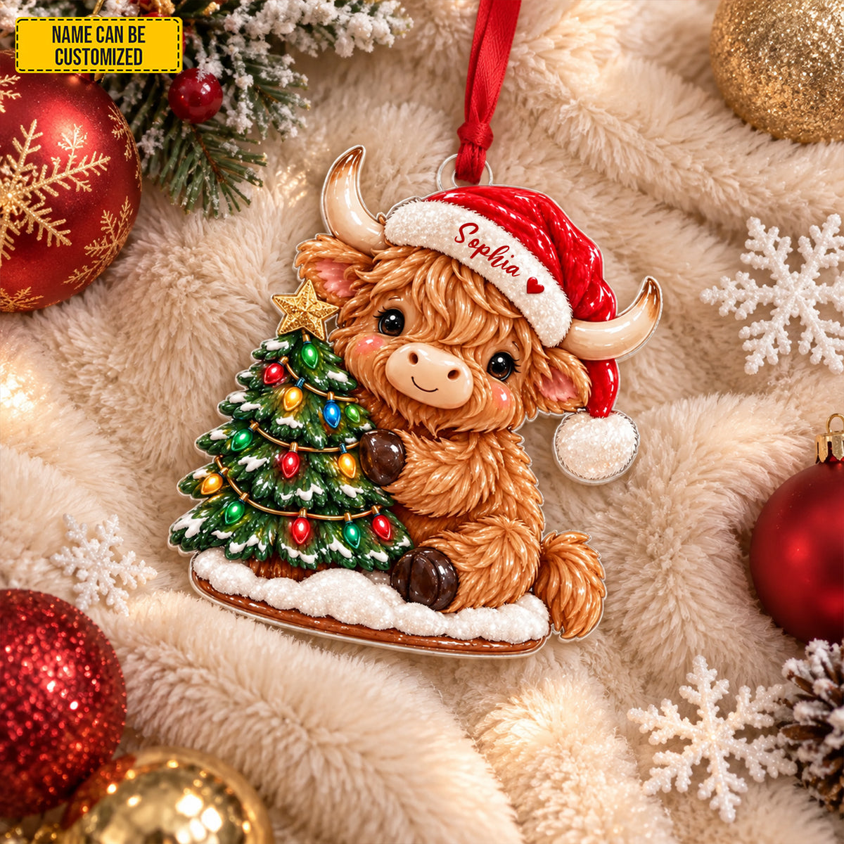 Highland Cow Christmas Ornament, Santa Hat Cow Ornament, Cute Cow Holiday Ornament