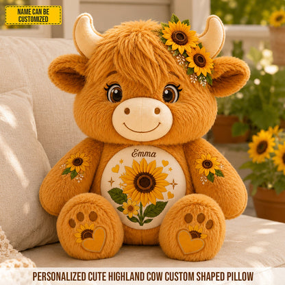 Personalized Highland Cow With Sunflowers Pillow