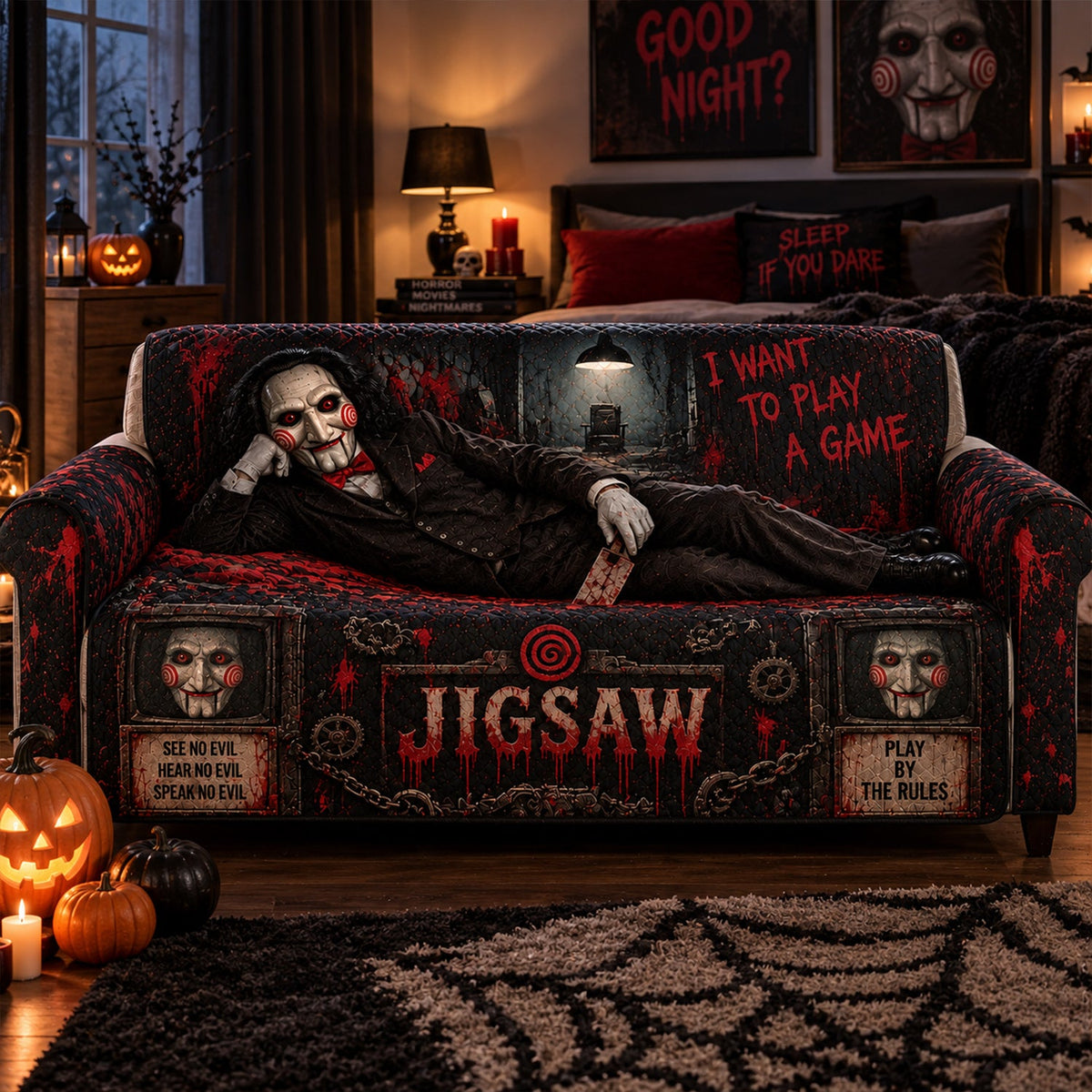 Jigsaw Horror Sofa Cover – Halloween Horror Quilted Home Decor