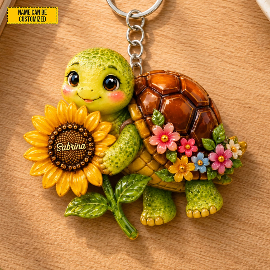 Sunflower Turtle Charm - Personalized Turtle Keychain