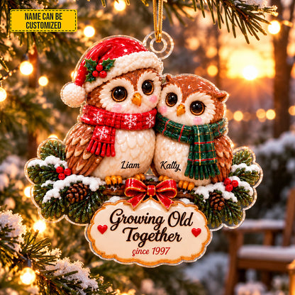 Personalized Couple Owls Christmas Ornament, Custom Name & Year Growing Old Together Acrylic Hanging Decor