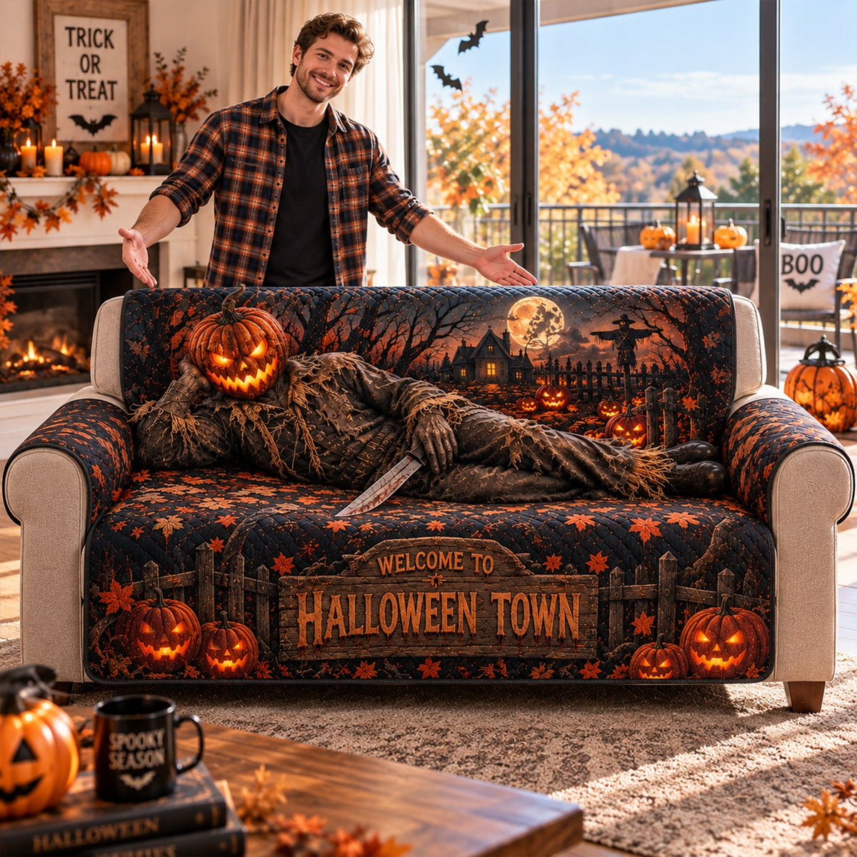 Halloween Town Pumpkin Horror Sofa Cover – Halloween Horror Quilted Home Decor