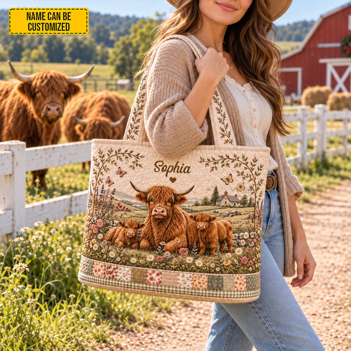 Personalized Highland Cow Quilted Tote Bag, Custom Name Farmhouse Beach Bag, Countryside Lover Gift
