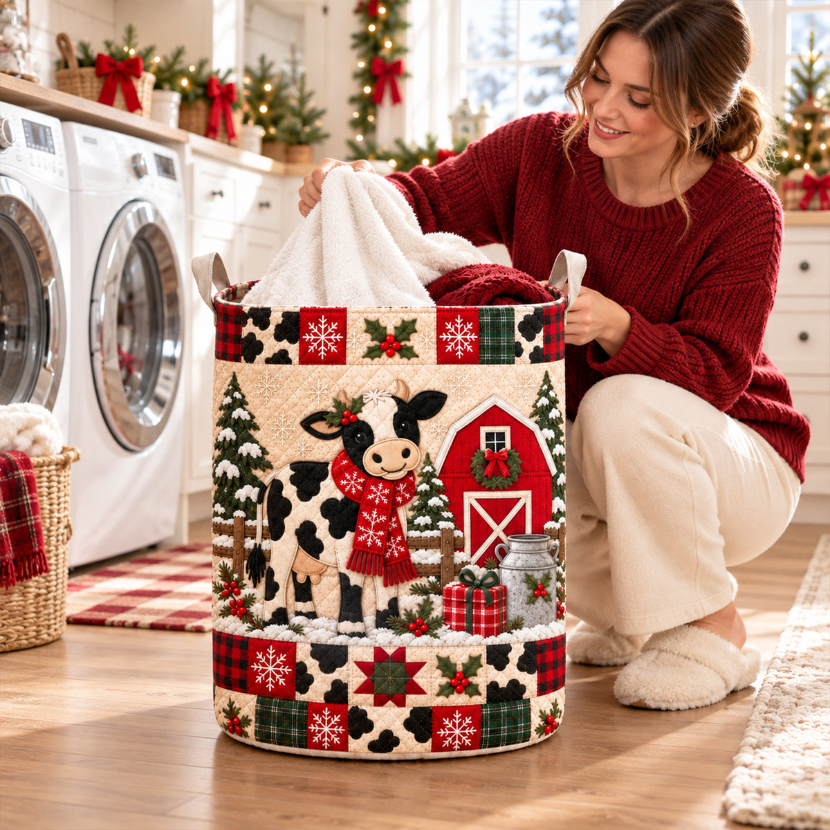 Christmas Farmhouse Cow Laundry Hamper