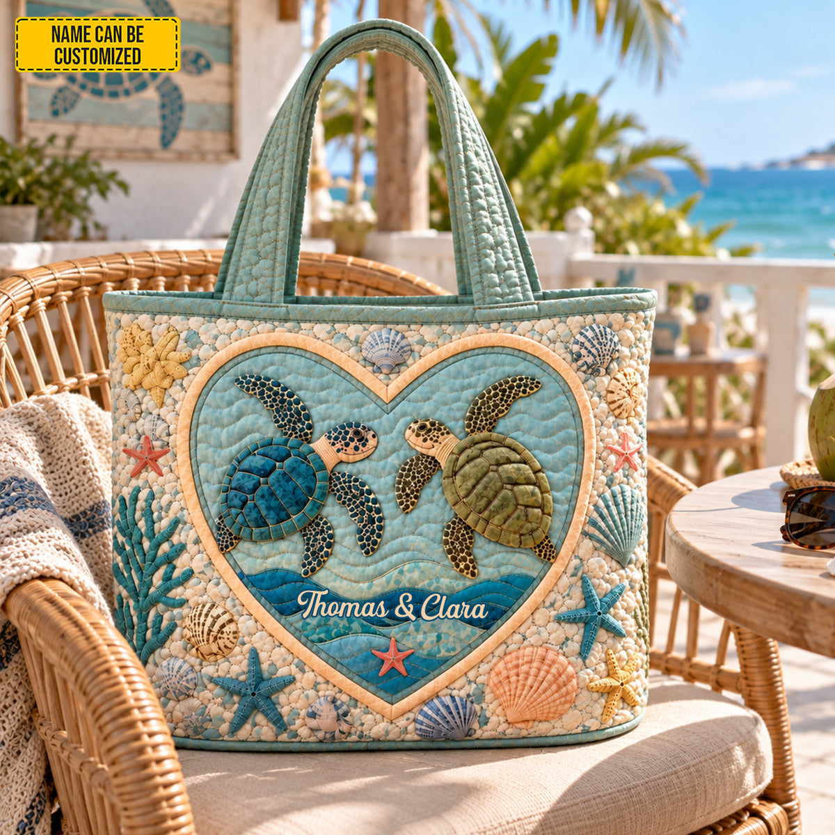 Personalized Sea Turtle Quilted Tote Bag, Custom Couple Names Beach Bag
