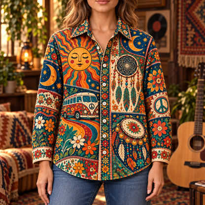 Hippie Patchwork Shirt – Colorful Boho Flower Power Shirt Version 5