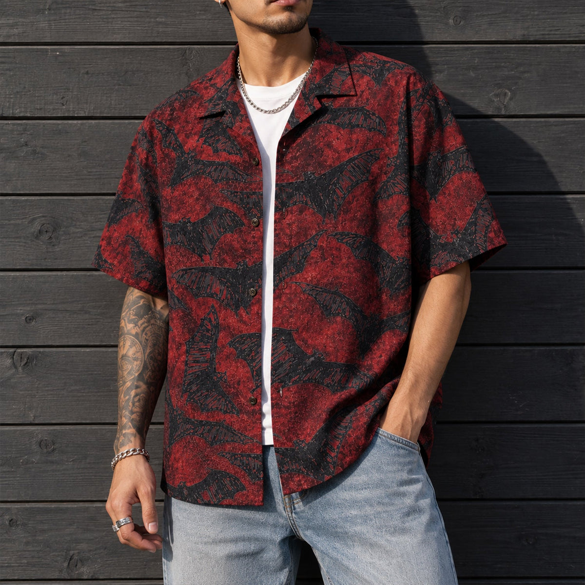 Dark Gothic Bat Swarm Red Hawaiian Shirt