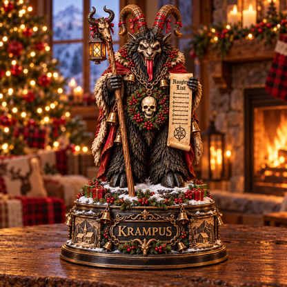 Krampus Christmas Wooden Block Sign – Dark Gothic Holiday Decor, Mythical Horned Demon with Bells and Festive Wreath, Spooky Christmas Collectible Statue, Unique Horror Christmas Gift for Krampus Lovers