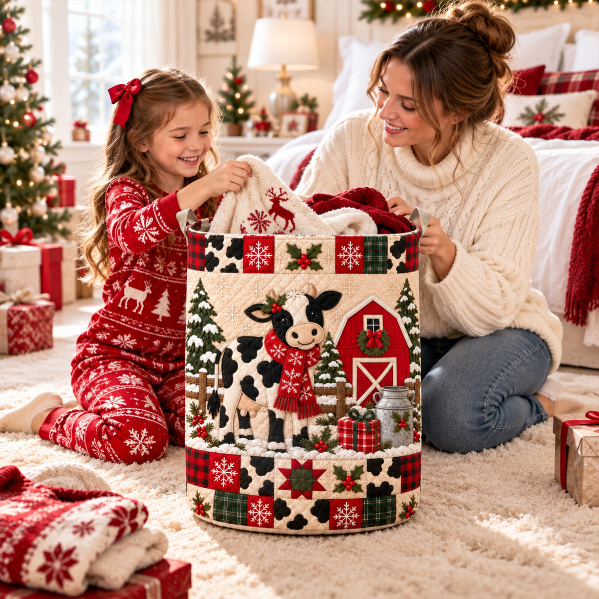 Christmas Farmhouse Cow Laundry Hamper