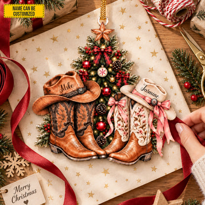 Personalized Cowboy Couple Christmas Ornament, Custom Names Cowboy and Cowgirl Boots Acrylic Keepsake, Western Couple, Country Love Gift