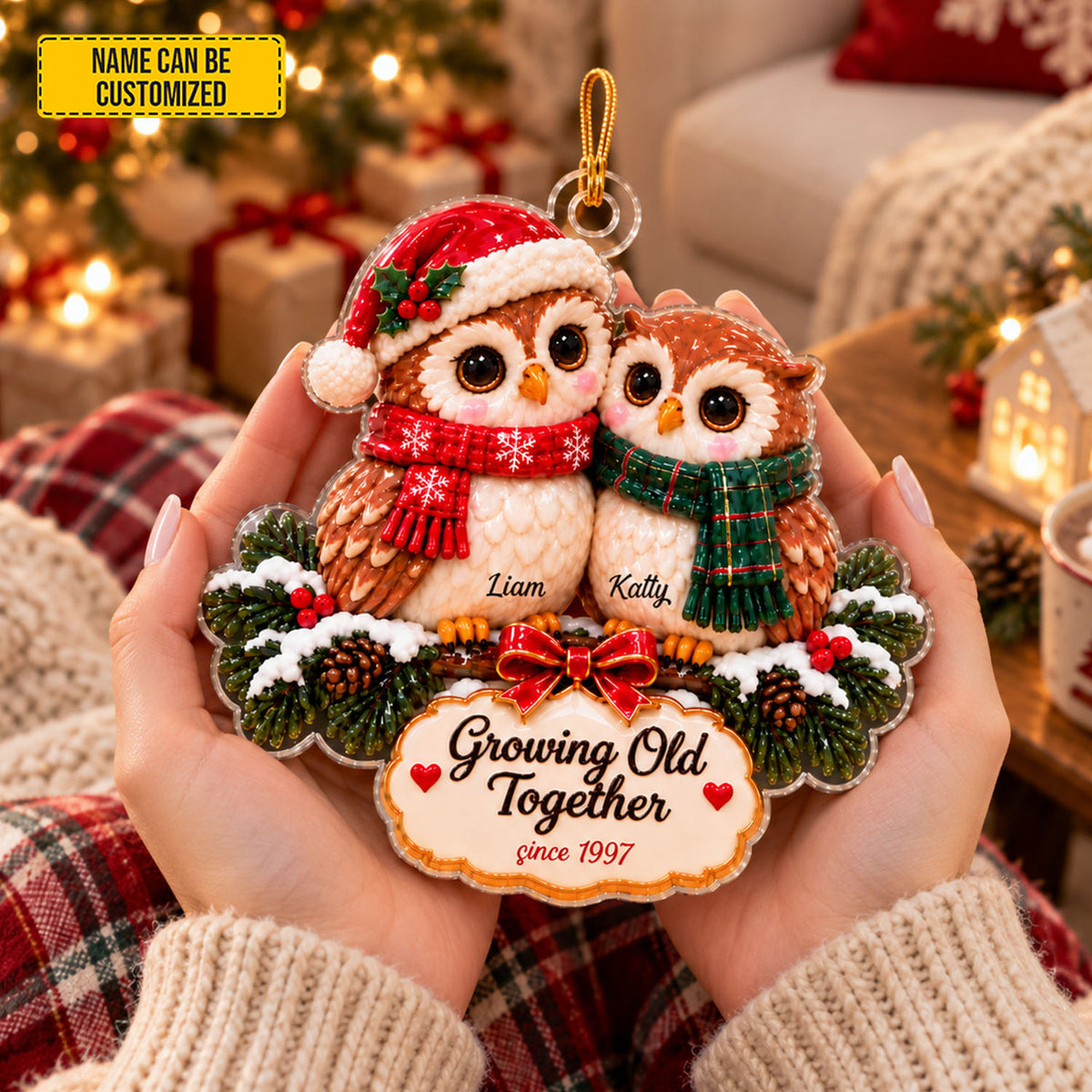 Personalized Couple Owls Christmas Ornament, Custom Name & Year Growing Old Together Acrylic Hanging Decor