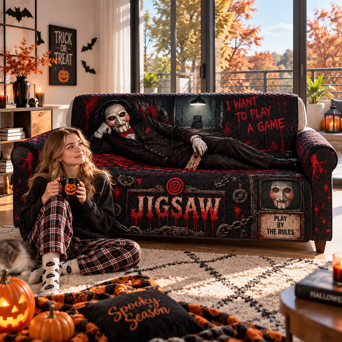 Jigsaw Horror Sofa Cover – Halloween Horror Quilted Home Decor